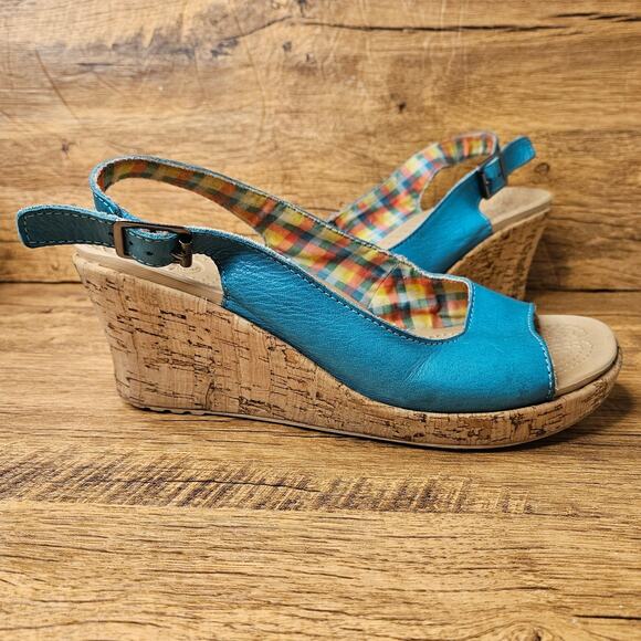 Crocs Women's A-Leigh Blue cork Wedge open toe slingback sandal shoe sz 9 - Picture 1 of 10